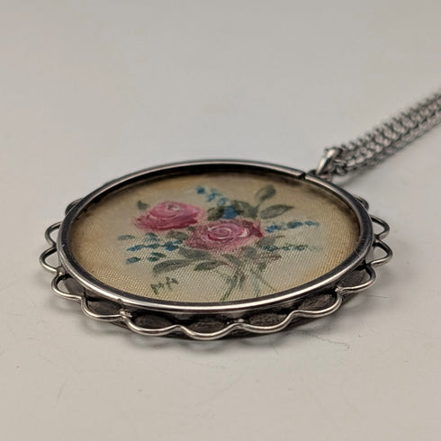 Vintage sterling silver hand-painted rose pendant with necklace
